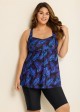 Purple Plants Print Square Neck Flowy Modest Plus Size Tankini Swimsuit Top