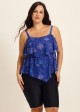 Navy Blue Floral Print Flattering Layered Ruffles Plus Size Women's Swimsuit Tankini Top