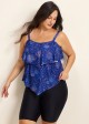 Navy Blue Floral Print Flattering Layered Ruffles Plus Size Women's Swimsuit Tankini Top