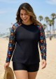 Black Leaf Print Long Sleeve Plus Size Swimsuit Swimwear Tankini Top