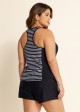 Black Striped Zip-Up Sporty With Pocket Rash Guard Tankini Set