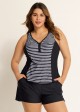 Black Striped Zip-Up Sporty With Pocket Rash Guard Tankini Set