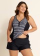 Black Striped Zip-Up Sporty With Pocket Rash Guard Tankini Set