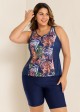 Curvy Navy Leaf Print Zipper Swimsuit And Swimwear Tankini Top