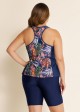 Curvy Navy Leaf Print Zipper Swimsuit And Swimwear Tankini Top