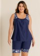 Plus Size Navy Graphic Print Round Neck Tankini Set