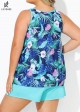 Stylish Floral Print Blue Contrast Trim Tankini Set