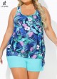 Stylish Floral Print Blue Contrast Trim Tankini Set