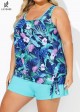 Stylish Floral Print Blue Contrast Trim Tankini Set