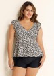 Leopard Print V Neck Ruffle Sleeve Plus Size Women Tankini Top