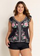 Black Floral V Neck Ruffled Sleeve Curvy Swimsuit Tankini Top