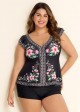 Black Floral V Neck Ruffled Sleeve Curvy Swimsuit Tankini Top