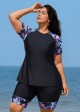 Black Floral Pullover Short Sleeve Fashion Casual Tankini Set