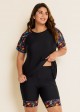 Black Plants Pullover Short Sleeve Modest Plus Size Fashion Casual Tankini Set