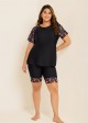 Black Plants Pullover Short Sleeve Modest Plus Size Fashion Casual Tankini Set