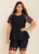 Black Plants Pullover Short Sleeve Modest Plus Size Fashion Casual Tankini Set