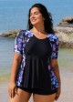 Black Floral Raglan Short Sleeve Waist Shaping Tankini Top