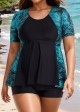 Curvy Green Leaf Print Short Sleeve Swimsuit And Swimwear Tankini Top