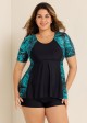 Curvy Green Leaf Print Short Sleeve Swimsuit And Swimwear Tankini Top