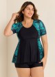 Curvy Green Leaf Print Short Sleeve Swimsuit And Swimwear Tankini Top
