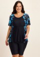 Plus Size Blue Floral Upf50+ Short Sleeves Modest Women's Swimsuit Shirt Tankini Top