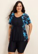 Plus Size Blue Floral Upf50+ Short Sleeves Modest Women's Swimsuit Shirt Tankini Top