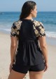 Plus Size Brown Floral Upf50+ Short Sleeves Vintage Women's Swimsuit Shirt Tankini Top