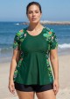 Plus Size Green Floral Upf50+ Short Sleeves Flattering Women's Swimsuit Tankini Top