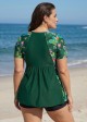 Plus Size Green Floral Upf50+ Short Sleeves Flattering Women's Swimsuit Tankini Top