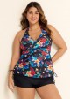 Tropical Floral Cross Front With Side Drawstring Tankini Set