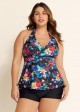 Tropical Floral Cross Front With Side Drawstring Tankini Set