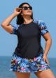 Black Floral Print Side Drawstring Plus Size Tankini Top