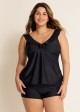 Black V Neck Plus Size Modest Ruffle Drawstring Tankini Swimsuit Top