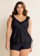 Black V Neck Plus Size Modest Ruffle Drawstring Tankini Swimsuit Top