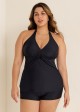 Black V Neck Waist Knot Plus Size Modest Fashion Tankini Swimsuit Top