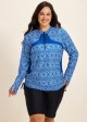 Plus Size Blue Geometric High Neck Upf50+ Long Sleeves Zipper Drawstring Swimsuit Shirt Tankini Top