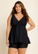 Black Wide Straps Wrap Curvy Two Piece Bathing Suits Tankini Top