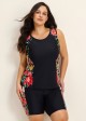 Curvy Black Tropical Floral Scoop Neck Flattering Women's Swimsuit Two Piece Tankini Set
