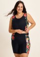 Curvy Black Tropical Floral Scoop Neck Flattering Women's Swimsuit Two Piece Tankini Set