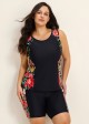 Curvy Black Tropical Floral Scoop Neck Flattering Women's Swimsuit Two Piece Tankini Set