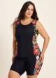 Curvy Black Tropical Floral Scoop Neck Flattering Women's Swimsuit Two Piece Tankini Set