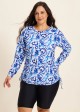 Curvy Blue And White Floral  Upf50+ Long Sleeves Side Drawstring Swimsuit Shirt Tankini Top