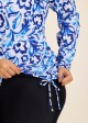 Curvy Blue And White Floral  Upf50+ Long Sleeves Side Drawstring Swimsuit Shirt Tankini Top