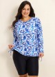 Curvy Blue And White Floral  Upf50+ Long Sleeves Side Drawstring Swimsuit Shirt Tankini Top