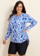 Curvy Blue And White Floral  Upf50+ Long Sleeves Side Drawstring Swimsuit Shirt Tankini Top