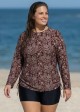 Brown Paisley Upf50+ Long Sleeves Drawstring Plus Size Women's Swimsuit Tankini Top