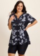 Black Floral V Neck Loose Short Plus Size  Swimsuit Tankini Top