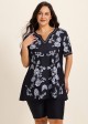 Black Floral V Neck Loose Short Plus Size  Swimsuit Tankini Top