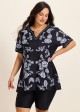 Black Floral V Neck Loose Short Plus Size  Swimsuit Tankini Top