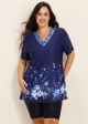 Plus Size Navy Floral V Neck  Upf50+ Short Sleeves Modest Padded Swimsuit Long Tankini Top